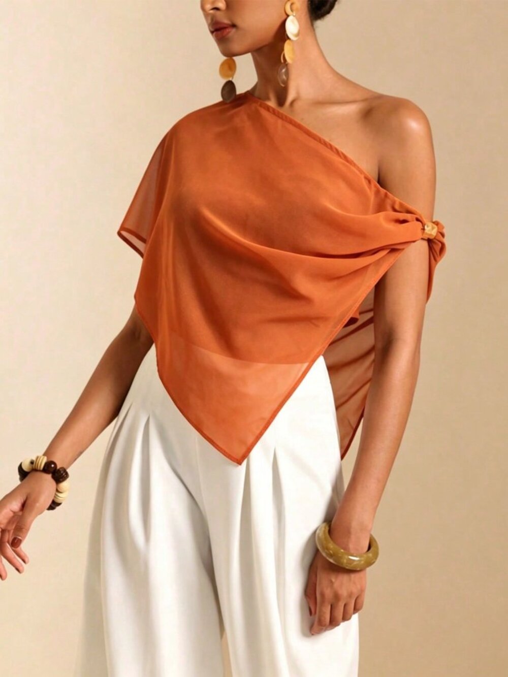 Orange Elegant Women's Asymmetric Neck Blouse With Metal Decor